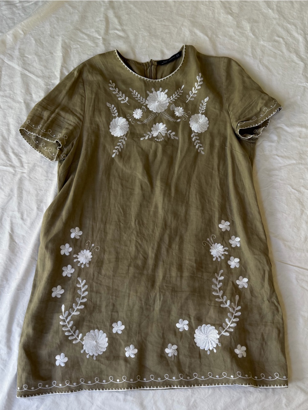 Zara Olive Green Mini Dress with White Floral Embroidery